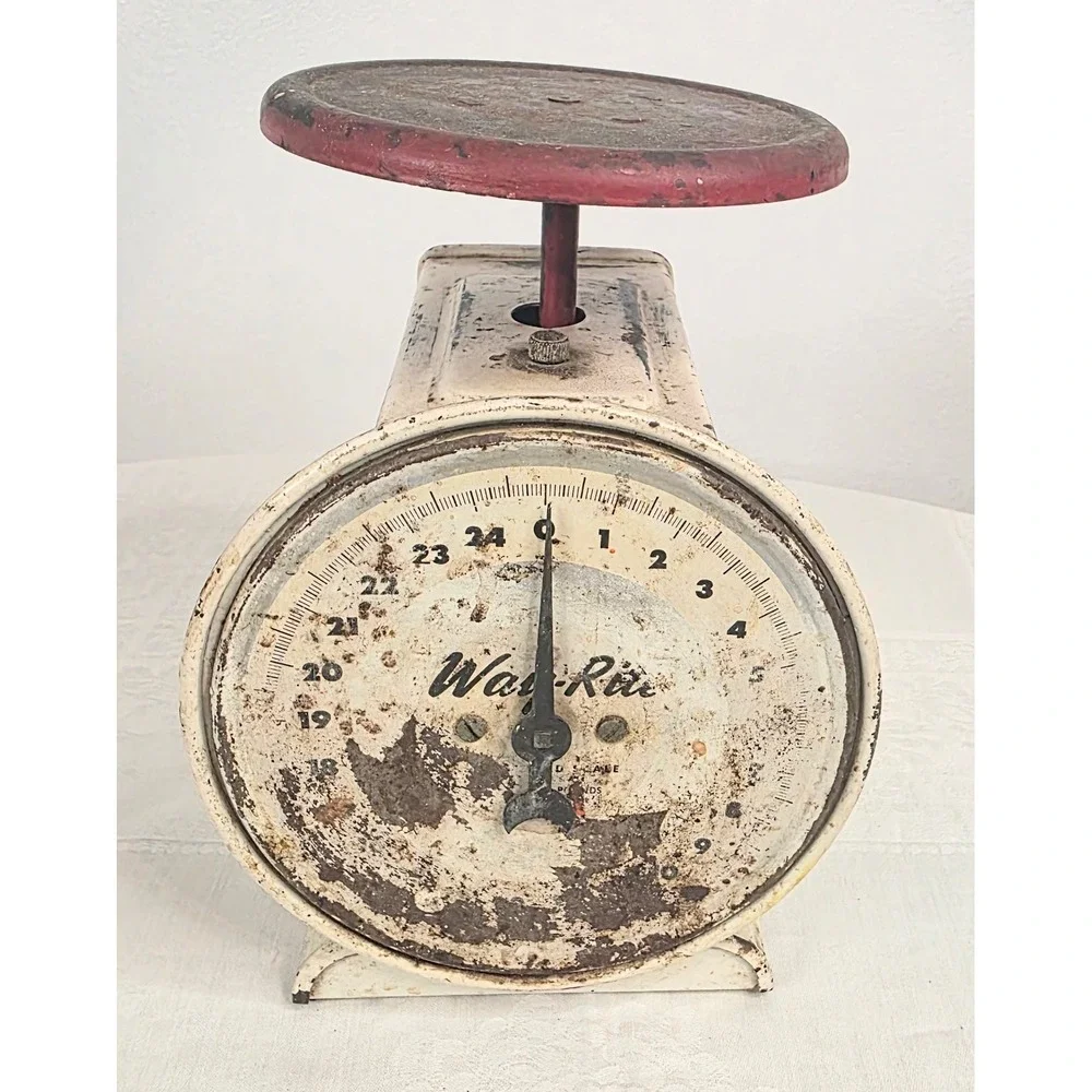 Vintage Way-Rite Kitchen Scale 25lb Capacity Metal Farmhouse Decor Cream Red